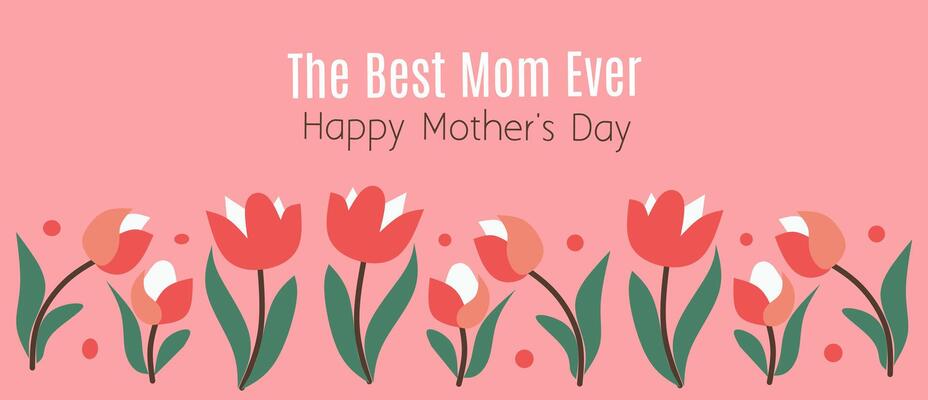 Happy Mother's day greeting card with beautiful blossom flowers, tulips on pink background. Creative spring card template with typography text. Happy Women's Day illustration.