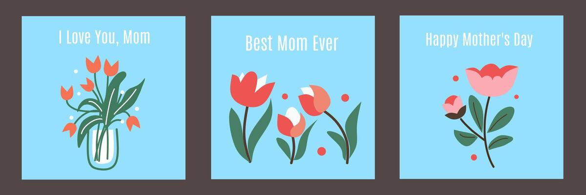 Set of Mother's day greeting cards with beautiful blossom flowers, tulips, floral art on blue background. Creative cards with typography text for banner, poster, promotion, social media post template.