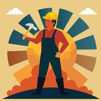 a man in overalls holding a hammer and a pickaxe vector