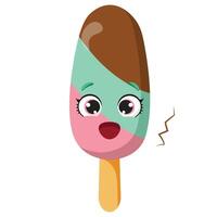 Bright layered ice cream stick with cheerful face expression, featuring mint, pink, and chocolate colors, perfect for packaging vector