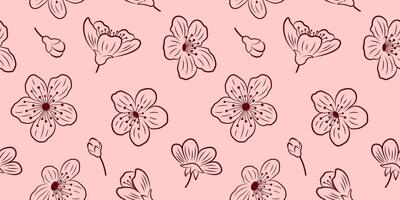 Seamless pattern with burgundy outlines of sakura flowers and buds on a pink background for textile, fabric, wrapping paper. Botanical pattern with cherry blossom. vector