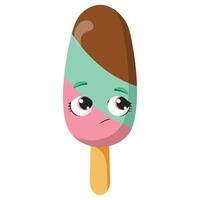 Tricolor ice cream stick with shy and confused expression in mint, strawberry, and chocolate layers vector