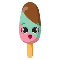 Surprised layered ice cream on a stick with mint, pink, and chocolate colors vector