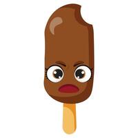 Chocolate ice cream bar with angry facial expression and bite mark, perfect for food designs, menu decorations, children illustrations, summer graphics, party elements vector