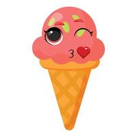 A fun pink ice cream cone with a wink and heart symbol is perfect for romantic designs, summer menus, party invitations, cute decorations and creative dessert-themed projects. vector