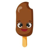 Chocolate ice cream bar with cute smiling face and bite mark, perfect for kids projects, summer designs, packaging, prints, and dessert-themed decorations vector