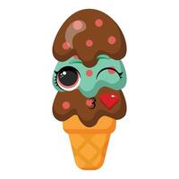 Winking mint chocolate ice cream cone blowing a kiss with heart vector