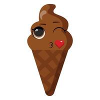 Chocolate ice cream cone with wink face and kiss mark vector