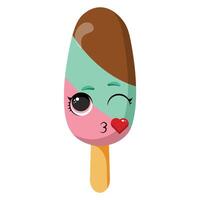 Mint, chocolate, and strawberry ice cream on a stick with cute winking face and heart kiss expression vector