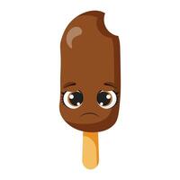 Chocolate ice cream bar with sad facial expression and bite mark, suitable for food designs, kids illustrations, summer party themes, menu decorations, dessert concepts vector