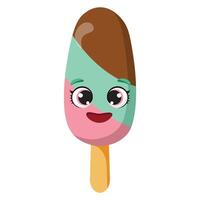 Colorful ice cream on stick with smiling face in pink, mint, and chocolate layers vector