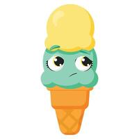 Green and yellow ice cream cone with thoughtful face expression vector