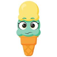 Cute green and yellow ice cream cone with shy face expression vector