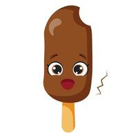 Chocolate ice cream bar with cute surprised face and bite mark, ideal for kids projects, summer themes, packaging, party decorations, menu design and sweet food illustrations vector