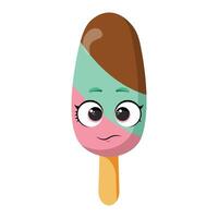 Mint, strawberry, and chocolate ice cream face with shy expression, ideal for packaging vector