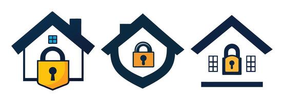 Abstract Three house security logos with padlocks inside Icon or Logo Design Template vector