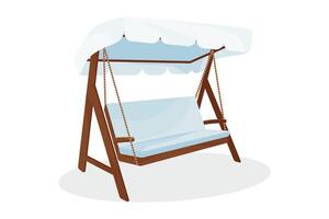Veranda swing benchwith ropes, awning and soft pillows. vector