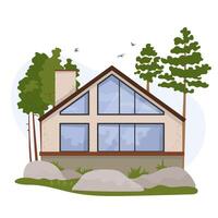 Wooden house in Scandinavian modern style with large windows in nature. Contemporary country architecture with eco-friendly, minimalistic design. illustration eco house surrounded by trees vector