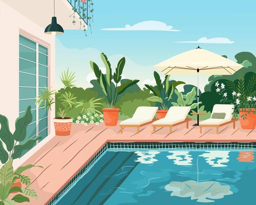 Modern house with swimming pool in summer backyard. Poolside vacation on back yard lounge place. Outdoor villa design with parasol and sun loungers on sunny day flat cartoon illustration