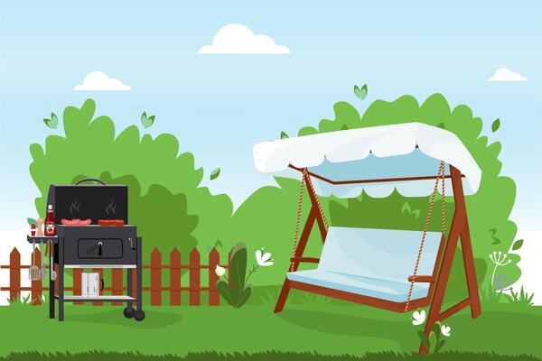 Patio flat illustration. Backyard of the house with BBQ, green lawn, trees and bushes. Veranda swing benchwith ropes, awning and soft pillows. Outdoor furnished yard for parties with barbecue