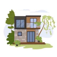 Modern two-story modular house with stone and wood facade, large glass windows Contemporary urban architecture with eco-friendly, minimalistic design. illustration eco house surrounded by trees vector