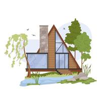 Wood triangle house for ecotourism in forest Modern A-frame glamping cabin with panoramic window surrounded by trees Stylish modular eco-home Comfortable outdoor recreation concept illustration vector