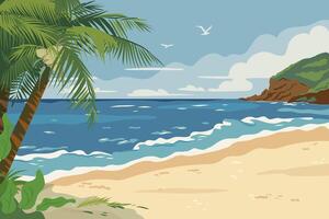 Tropical beach panoramic view with palm trees and rocks on the seashore Landscape with sea coast, sand beach and sky Horizontal summer seaside with sandy ocean shore and clouds on horizon. Flat vector
