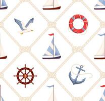Summer seamless pattern with ropes and sea knots Nautical repeat background with sailboat, anchor and seagull Marine endless design for print, fabric, textile, wrapping paper. Flat illustration vector