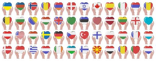 Hands hold the flags of different countries of the world in the heart. 49 state flags. Flags of different countries. vector