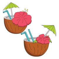 illustration of a set of coconut cocktails with a Hawaiian flower, straw and umbrella on a white background. vector