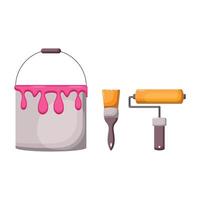 A set consisting of a gray metal jar with pink paint, a paintbrush and a paint roller. Elements of tools for the artist. vector