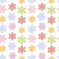 A bright and colorful seamless pattern consisting of a variety of stylized flowers on a white background, the flowers have a simple shape with rounded petals and are available vector