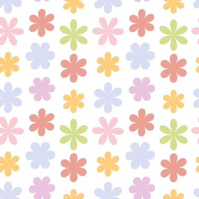 A bright and colorful seamless pattern consisting of a variety of stylized flowers on a white background, the flowers have a simple shape with rounded petals and are available