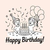 Two happy boys celebrating a birthday with cake and balloons vector