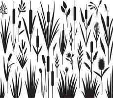 Set of black silhouettes of grass, reeds, and various plants vector