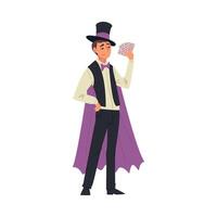 Magician Doing Tricks with Playing Cards, Illusionist Character in Cape Performing at Magic Show Cartoon Style Illustration vector