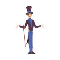 Magician Standing with Cane, Illusionist Character in Tailcoat and Top Hat Performing at Magic Show Cartoon Style Illustration vector