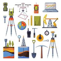 Geodesy Equipment Collection, Geodetic Engineering Instruments and Devices Flat Style Illustration on White Background vector