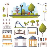 Urban Infrastructure Design Elements Collection, City Public Park Objects Flat Style Illustration on White Background vector