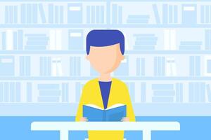 Man Sitting at Desk and Reading Book, Bookstore or Library with Bookshelves Flat Illustration vector