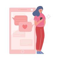 Young Woman Using Website or Mobile Application for Dating, Virtual Relationships, Girl Standing Leaning Against Big Smartphone Illustration vector