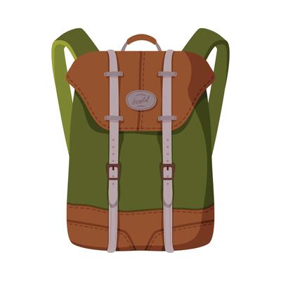 Green and Brown Backpack, Front View of Schoolbag or Camping Knapsack Flat Style Illustration on White Background