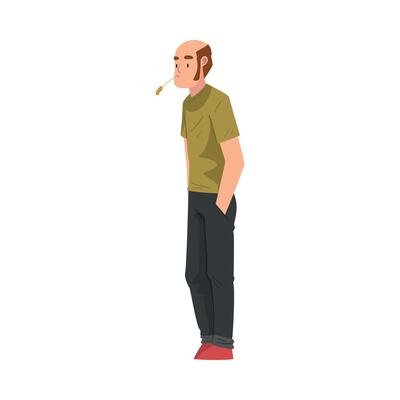 Bald Mature Man Standing with Grass in his Mouth, Man Spending Time in Expectation Cartoon Illustration