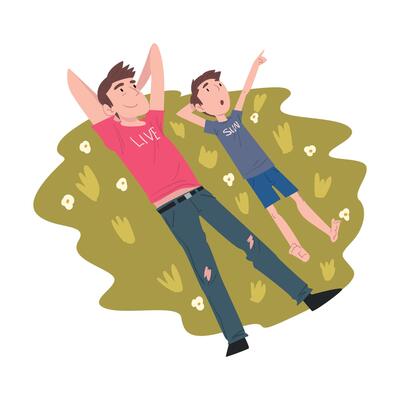 Top View of Dad and his Son Lying on Green Grass, Family Members Spending Joyful Time Together Outdoors Cartoon Style Illustration