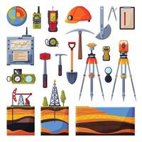 Geodesy Equipment Collection, Geodetic Engineering or Construction Instruments and Devices Flat Style Illustration vector