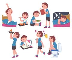 Cute Boy Daily Routine Activities Set, Child Waking Up, Eating Breakfast, Playing with Toys, Reading Book, Peeing, Sleeping at Night Cartoon Style Illustration vector