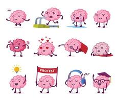 Pink Humanized Brain with Various Emotions Set, Funny Human Nervous System Organ Cartoon Character in Different Situations Illustration on White Background vector