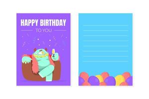Happy Birthday Greeting Card with Funny Colorful Monsters, Paper for Notes, Notebook, Diary, Organizer Design Element Illustration vector