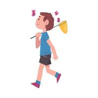 Boy Walking Carrying Butterfly Net on his Shoulder, Cute Child Daily Routine Activity Cartoon Style Illustration on White Background vector