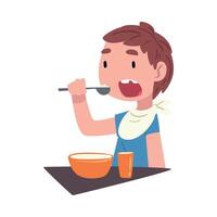 Boy Eating Breakfast at the Table, Cute Child Daily Routine Activity Cartoon Style Illustration on White Background vector